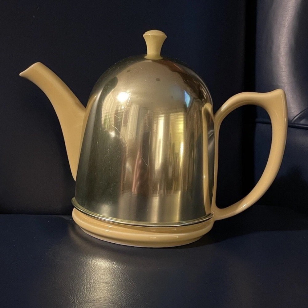 VTG Hall Pottery USA Canary Yellow Tea Kettle Coffee Pot w Aluminum Cozy Cover